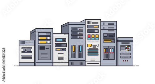 A collection of modern computer server racks and data center equipment representing network infrastructure and technology solutions