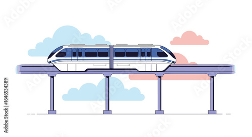 Modern elevated train riding on a track with fluffy clouds in the background and supporting columns below