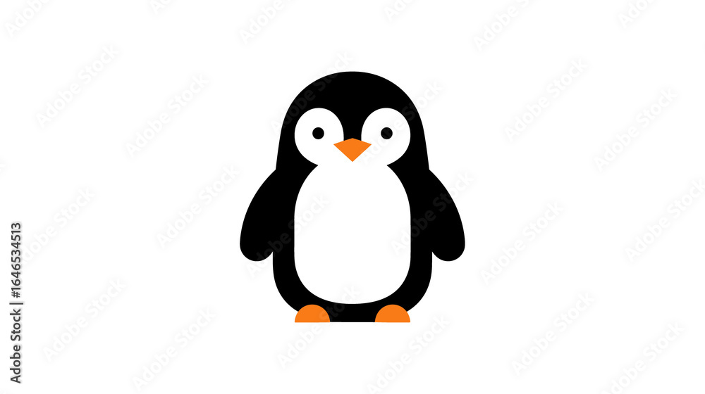 Naklejka premium cute, cartoon-style penguin with a black body, white belly, and orange feet, symbolizing innocence and charm.