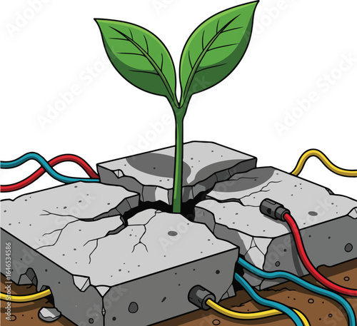 A vibrant plant sprouts from cracked concrete, connected by colorful wires.