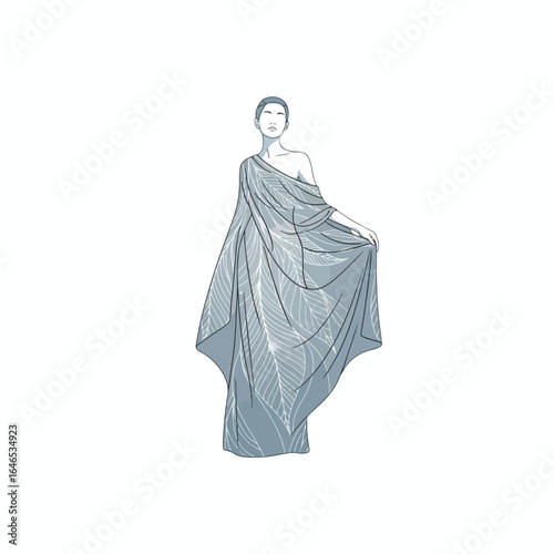 Elegant woman draped in a flowing, patterned, Grecian-style garment.