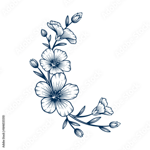 Blue flax flower hand drawn illustration. Blue flax flower vector line art