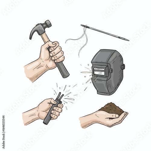 Hand-held tools and equipment for construction and metalworking, depicted in a sketch style.