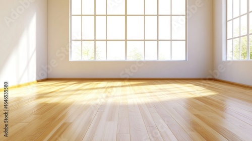 Sunlit Empty Room with Hardwood Floor and Large Windows