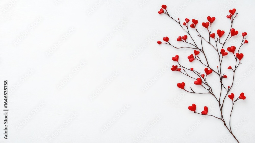 Fototapeta Red Hearts Branch on White Background: A Valentine's Day Greeting