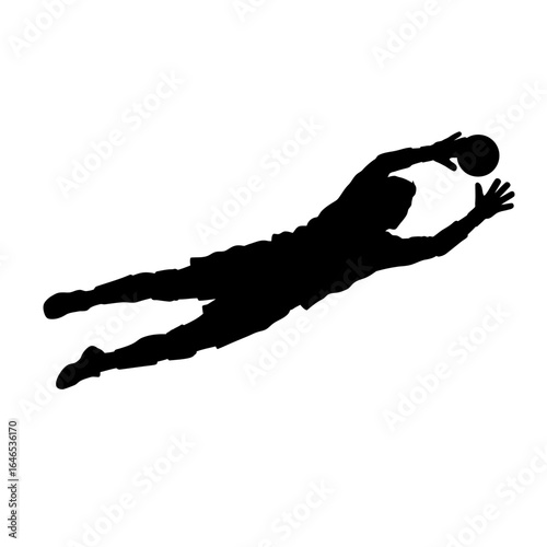 Silhouette of a soccer goalkeeper diving to catch the ball during a game, illustrating athleticism and action.