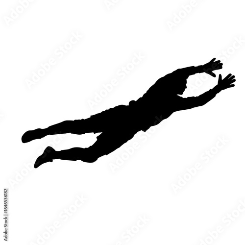 A silhouetted soccer player dives to catch the ball, showcasing athleticism and determination against a clean white background, perfect for sports-themed visuals.