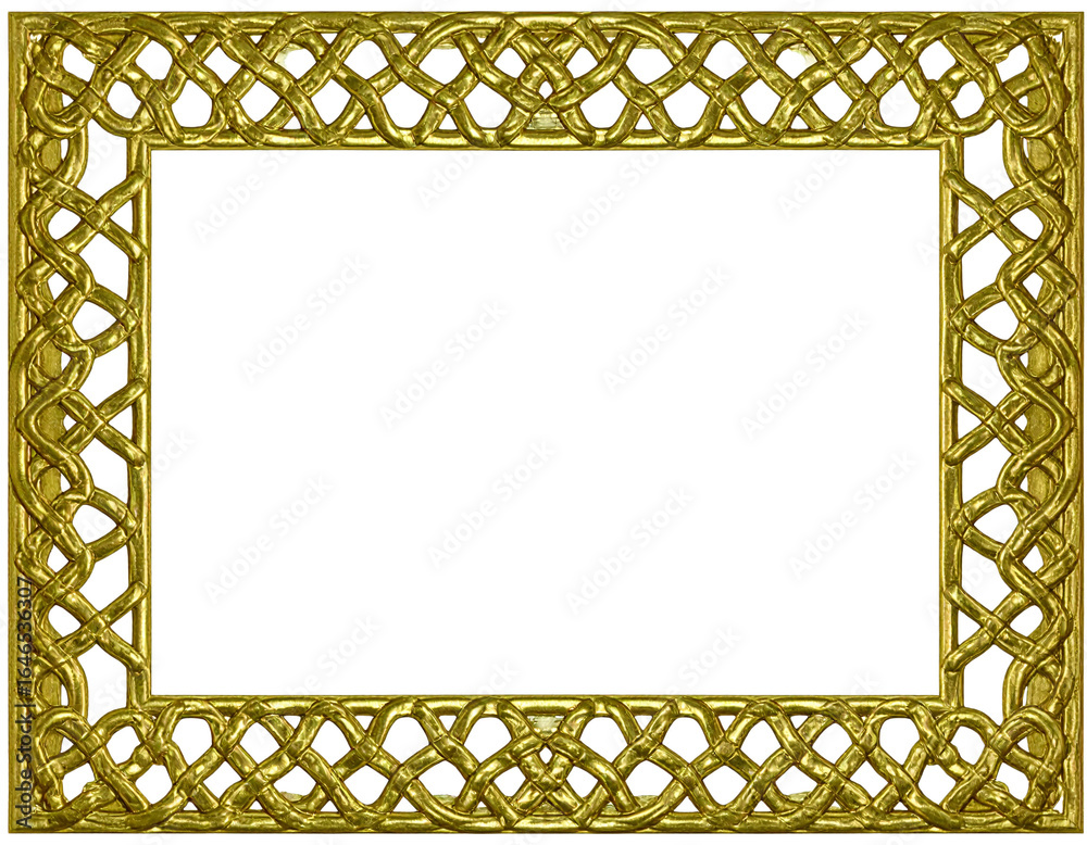 Obraz premium Ornate golden rectangular frame with intricate interwoven Celtic knotwork pattern.