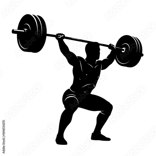 Silhouette illustration of a muscular weightlifter in a dynamic pose, lifting a heavy barbell overhead, showcasing strength and determination against a white backdrop.