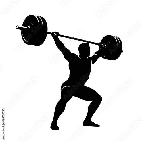Silhouette of a muscular weightlifter powerfully lifting a heavy barbell overhead in a weightlifting competition, showcasing strength and determination against a white background.