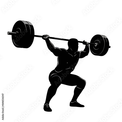 Silhouette of a strong weightlifter performing a barbell back squat, showcasing muscle definition and athletic power against a clean white background.