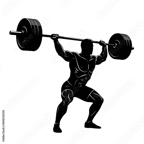 A powerful male athlete in a dynamic silhouette illustration demonstrates immense strength while successfully lifting a heavy barbell overhead.