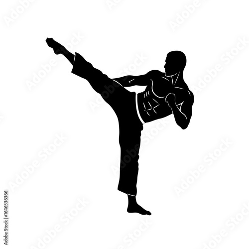 Silhouette of a muscular man performing a dynamic side kick, showcasing martial arts discipline and athletic power against a clean white background.