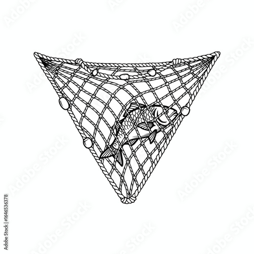 A stylized fishing net, intricately detailed, with a fish caught inside.