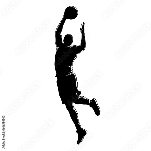 A dynamic silhouette captures a basketball player mid-air, executing a powerful dunk against a clean white backdrop, showcasing athleticism and sportsmanship.