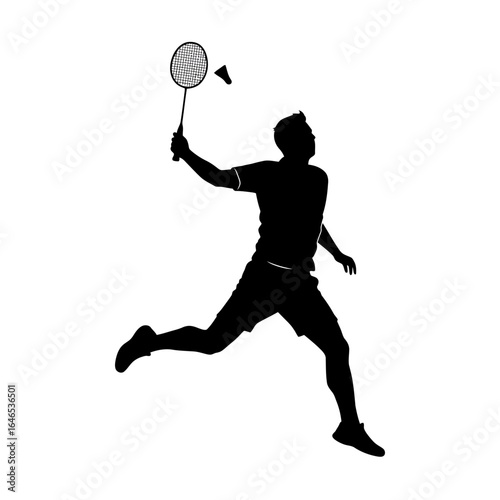 A silhouette of a badminton player leaps in the air, racket raised high, poised to strike the shuttlecock in a dynamic and athletic pose on a white background.