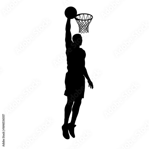 Silhouette of a basketball player executing a powerful dunk shot, showcasing athleticism and determination against a clean white background.
