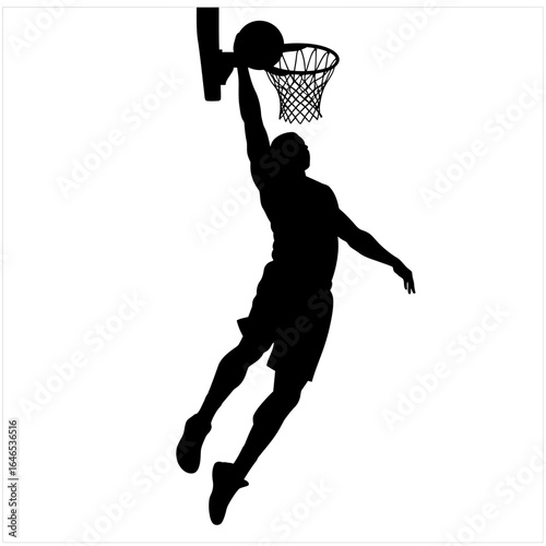 Silhouette of a basketball player performing a powerful dunk shot, showcasing athleticism and dynamic movement against a clean white background.
