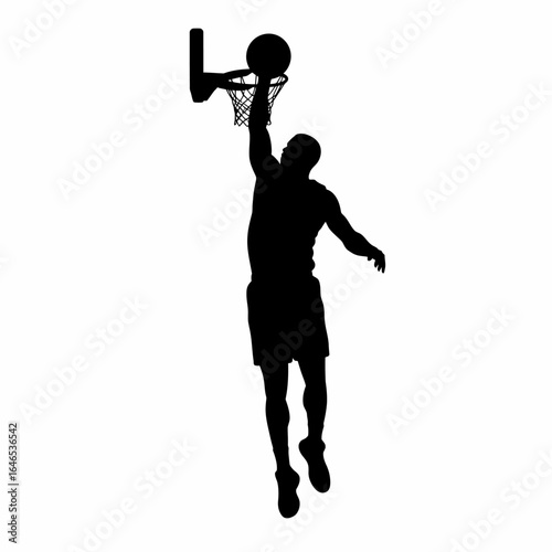 A dynamic black silhouette of a basketball player in mid-air, powerfully executing a slam dunk against a clean white background.