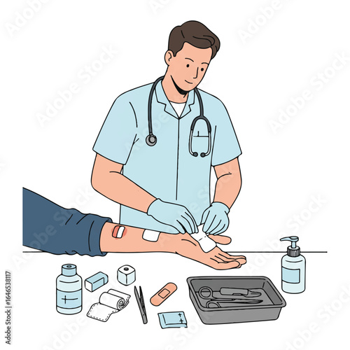 A flat 2D vector illustration depicts a nurse carefully changing a wound dressing on a patient's arm, with a medical tray nearby, set against a clean white background.