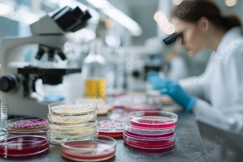 Late morning in a biology lab with petri dishes and microscopes. A young researcher cultures bacteria for a project