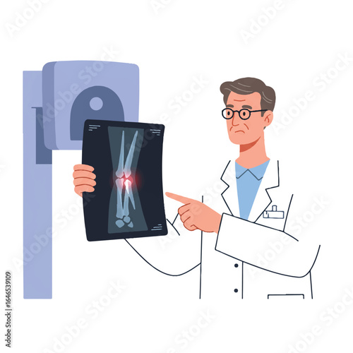 A radiologist in a flat 2D vector illustration is holding an X-ray film and pointing to a bone fracture, with a medical X-ray viewer behind on a white background.