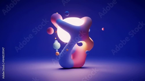 Modern abstract 3d animation loop of colorful soft metaballs floating and morphing around a central glowing sphere in a satisfying style

