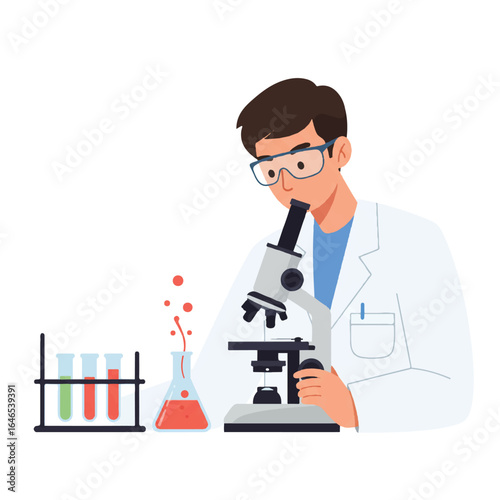A diligent lab technician intently examines samples under a microscope, with test tubes and beakers neatly arranged on a desk, depicting scientific research.