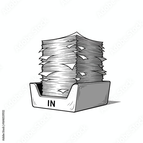 A grayscale illustration of a full in-tray overflowing with stacked papers.