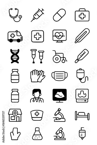 A collection of medical icons in black and white, including a stethoscope, syringe, ambulance, and other healthcare related symbols.