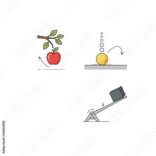 Simple physics demonstrations, including falling apple, bouncing ball, and lever.