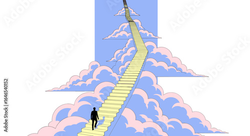 Man climbing stairway to heaven, concept of faith, hope, and aspiration, surreal illustration