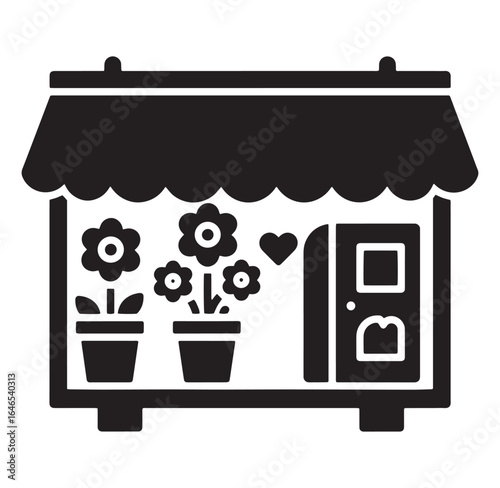 Black and white flower shop vector illustration showing plants and heart decoration