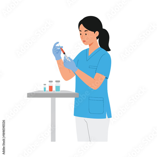 A skilled healthcare nurse meticulously prepares an injection using a syringe and medical vial, presented as a clear flat 2D vector on a clean white background.