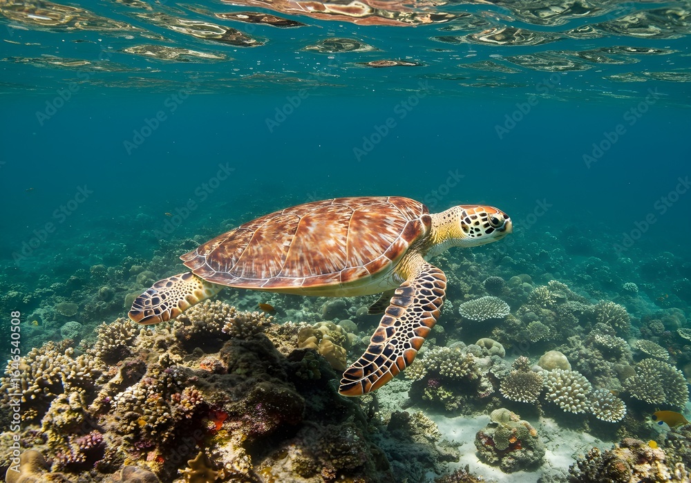Fototapeta premium Underwater scene of a graceful sea turtle swimming above a coral reef, sunbeams shining from surface, vibrant marine life, detailed shell texture, crystal water.