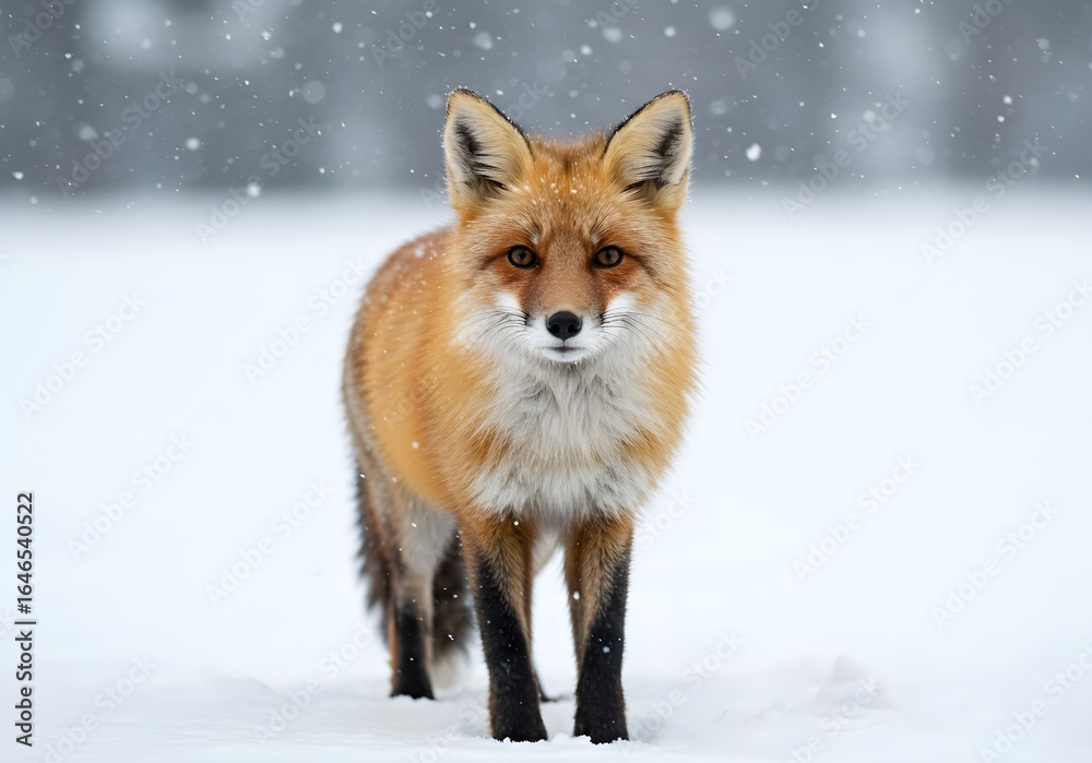 Fototapeta premium Playful red fox standing in fresh winter snow, bright eyes looking at camera, thick fur in sharp detail, soft snowfall and blurred forest in background.