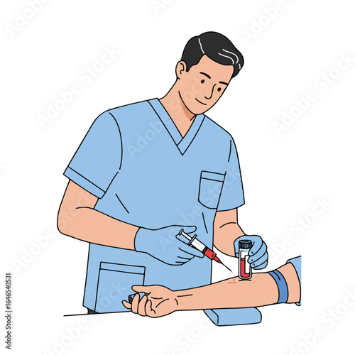 A professional nurse skillfully draws blood into a sterile vial from a patient's arm, with a visible tourniquet, presented as a flat 2D vector illustration on a clean white background.