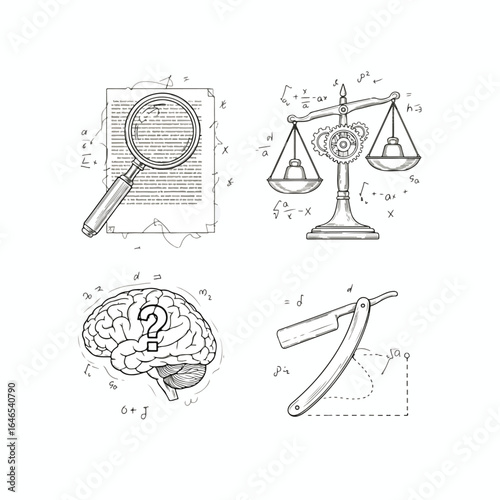 Hand-drawn illustrations of a magnifying glass, scales of justice, brain, and straight razor, each with accompanying technical drawings.