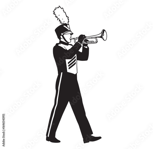 Black and white illustration of a marching band trumpet player in uniform