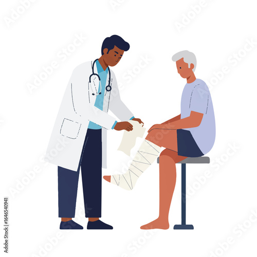 Medical professional applies a plaster cast to a patient's fractured leg, showcasing essential healthcare and injury treatment in a clinic setting.