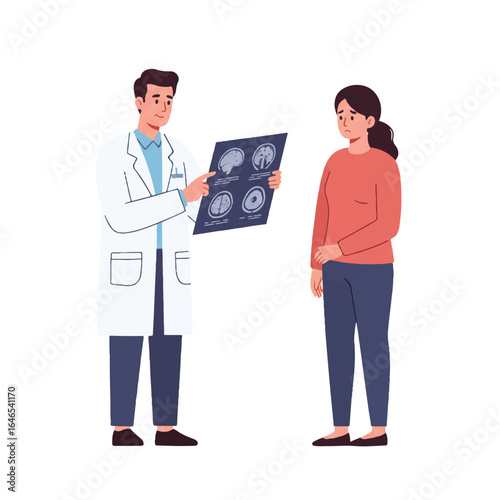 A flat 2D vector illustration shows a professional doctor holding a brain scan report and explaining findings to a patient, depicted against a clean white background.