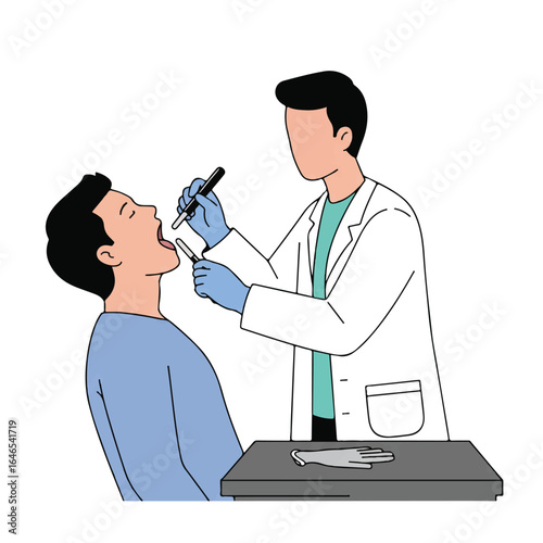 A professional doctor examines a patient's throat using a tongue depressor, with an otoscope and medical gloves visible on a pristine white background in a clean 2D vector illustration.