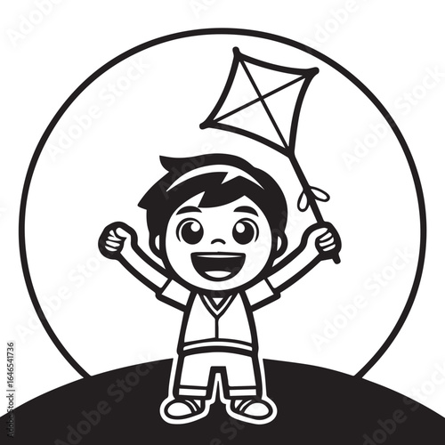 Joyful cartoon boy with arms raised happily flying a kite against a large circular backdrop symbolizing childhood fun and outdoor activities