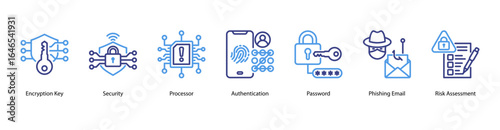 Encryption and Identity Security web banner icon vector illustration featuring Encryption Key, Security, Processor, Authentication, Password, Phishing Email, and Risk Assessment.
