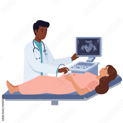 A female doctor conducts an ultrasound scan on a pregnant woman, with a monitor displaying a fetus silhouette on a white background, symbolizing prenatal care and medical diagnostics.