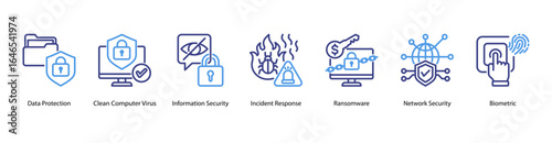 Malware and Network Security web banner icon vector illustration featuring Data Protection, Clean Computer Virus, Information Security, Incident Response, Ransomware, Network Security, and Biometric.