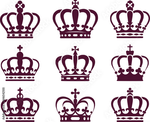 Collection of Royal Crown Designs Embodying Regal Power Symbolizing Monarchy with Intricate Details and Elegant Shapes Emphasizing Majestic Authority and Ornamental Aesthetics