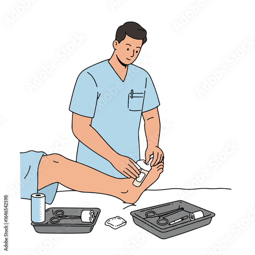 A skilled nurse diligently changes a wound dressing on a patient's leg, with a sterile medical tray positioned nearby, all depicted in a clean 2D flat vector style on a crisp white background.