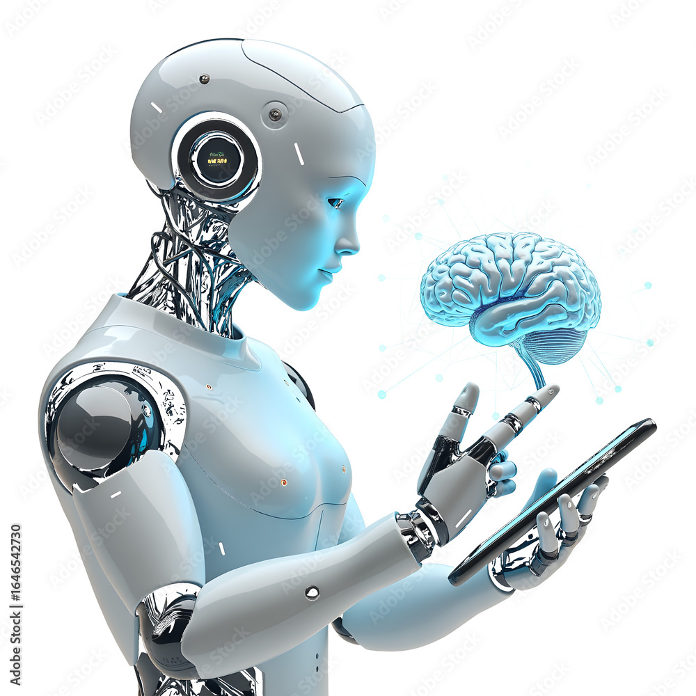 Naklejka premium Futuristic android interacting with digital brain and smartphone isolated on a transparent background