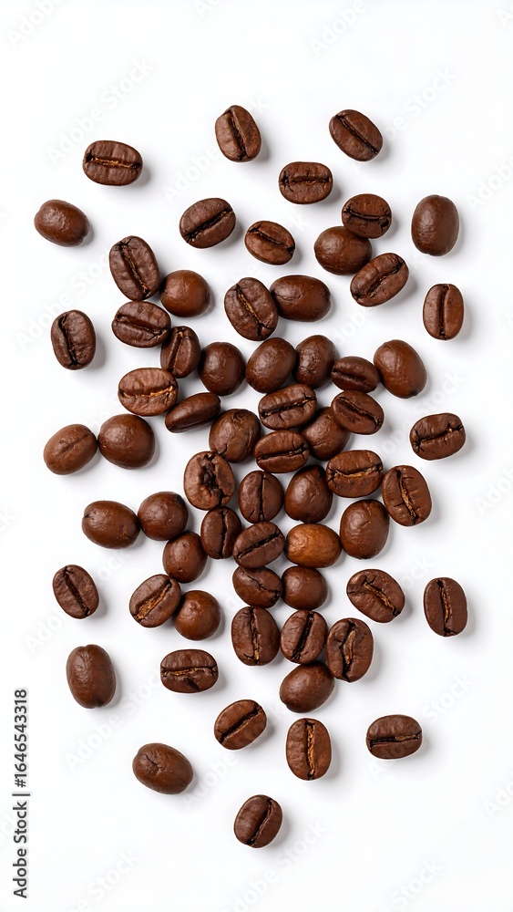 Obraz premium Scattered roasted coffee beans on a white background
